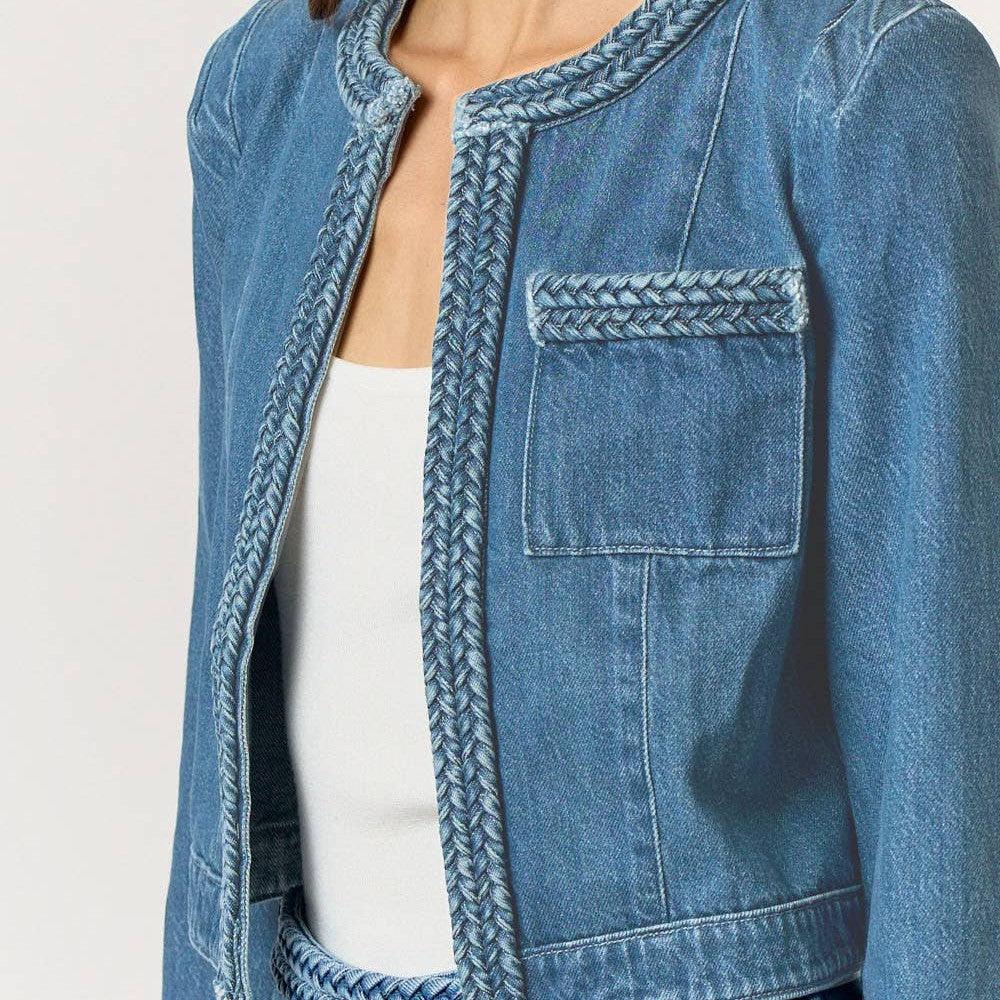 Lalavon - ILT4164 BRAIDED OPEN FRONT DENIM JACKET: DK DENIM / S - alliemdesignsboutique