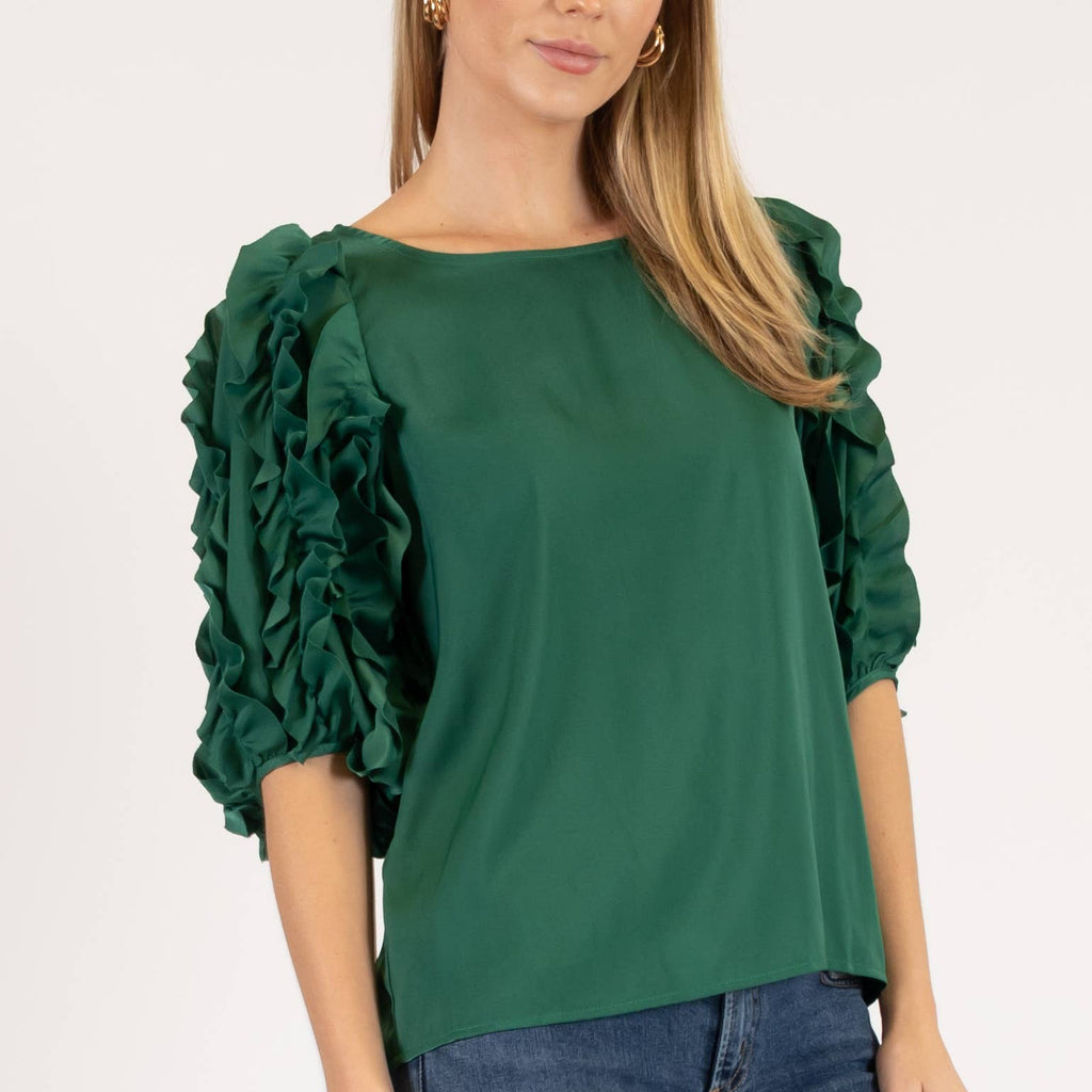 Before You - Silky Satin Ruffled Trim 3/4 Sleeve Top: Extra Small / Black - alliemdesignsboutique