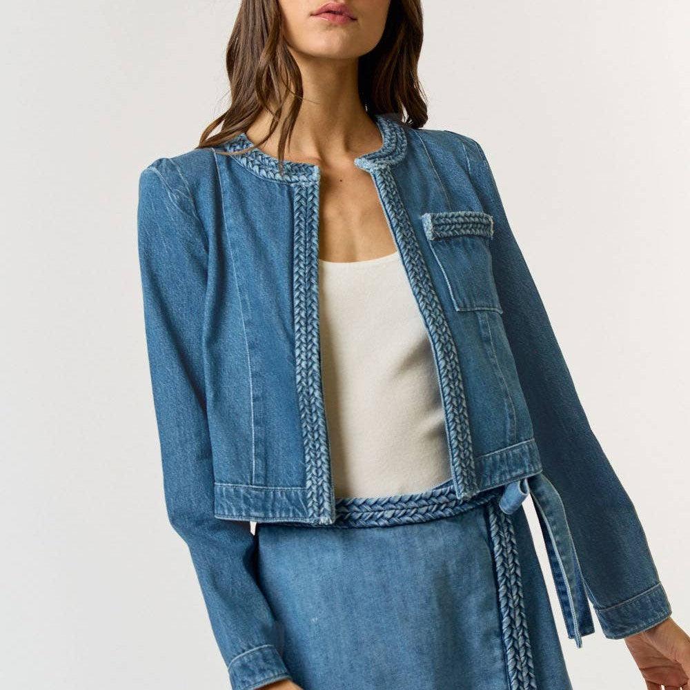 Lalavon - ILT4164 BRAIDED OPEN FRONT DENIM JACKET: DK DENIM / S - alliemdesignsboutique