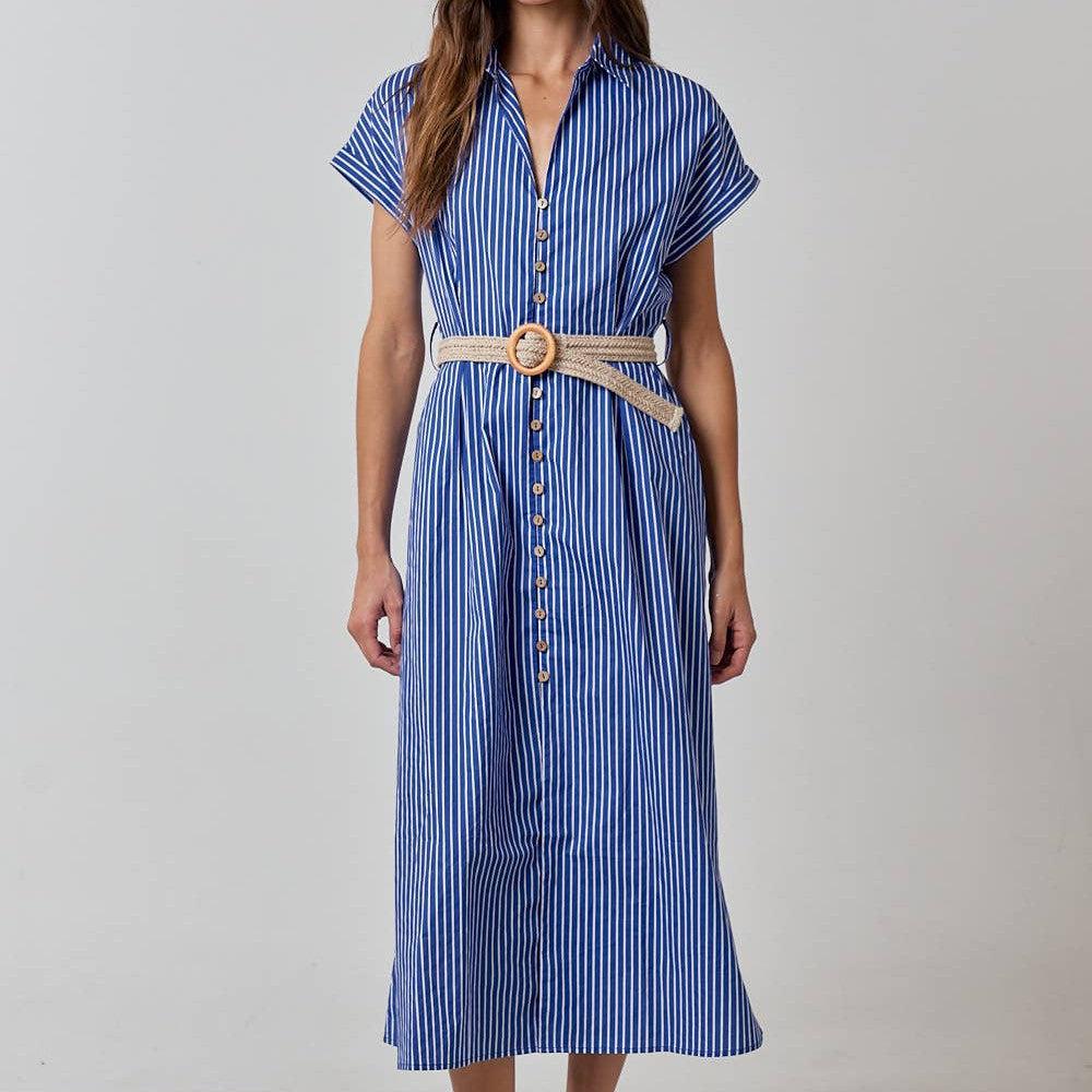 Lalavon - ILD3611 BELTED STRIPE COLLARED BUTTON DOWN SHIRT DRESS: ROYAL BLUE / L - alliemdesignsboutique