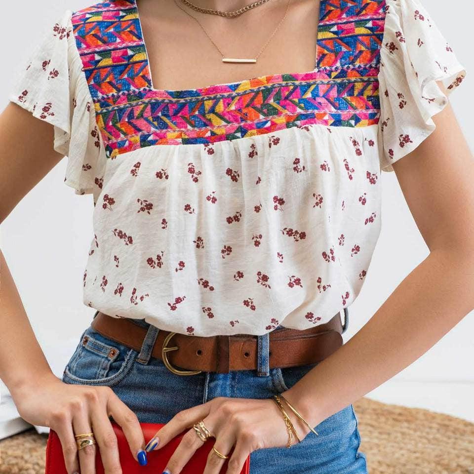 Blu Pepper - GEOMETRIC EMBROIDERED TOP: BURGUNDY MULTI - alliemdesignsboutique