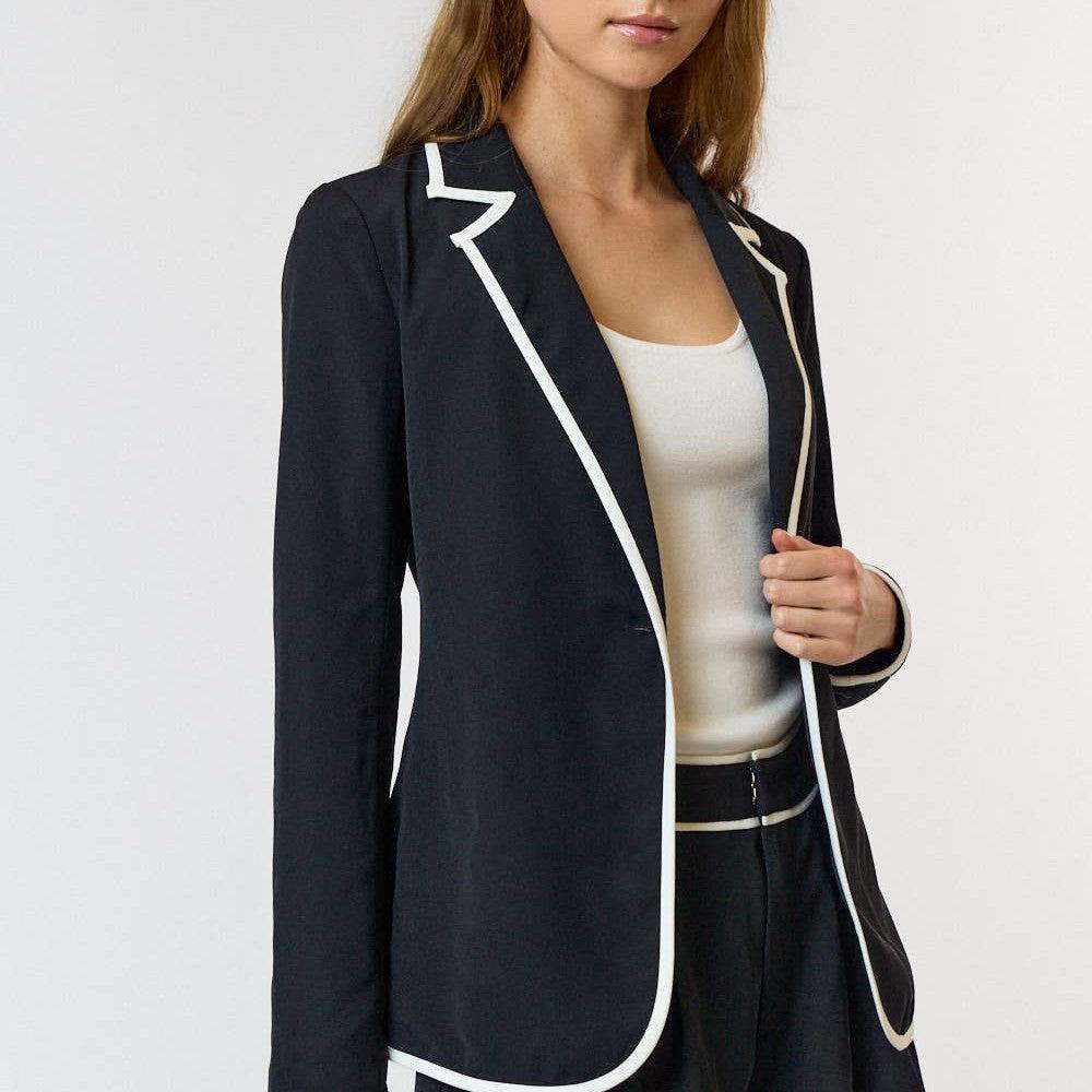 Lalavon - ILT4220 CONTRAST BINDING SINGLE BUTTON BLAZER JACKET: L / BLACK-IVORY / 100% POLYESTER - alliemdesignsboutique