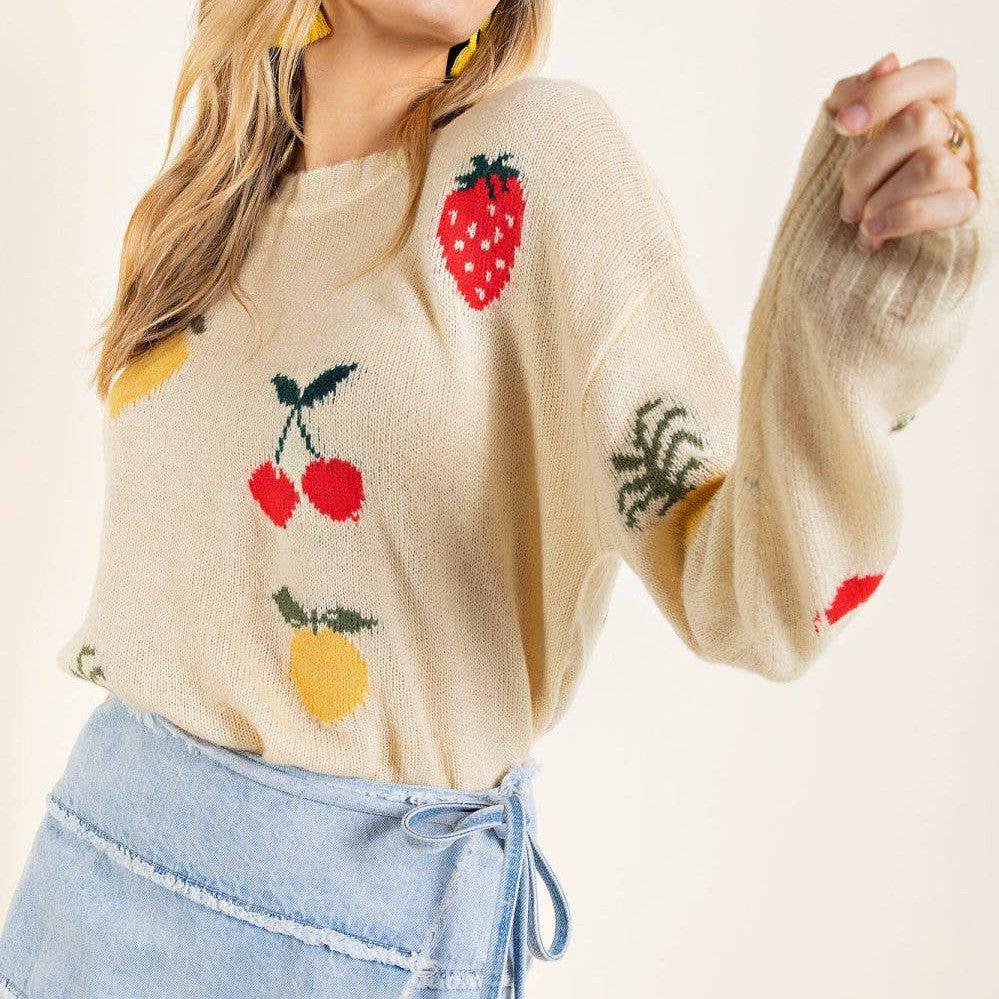 Olive & Leaf - Crew Neck Fruit Jacquard Sweater Top: L / IVORY - alliemdesignsboutique