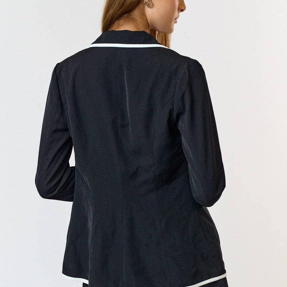 Lalavon - ILT4220 CONTRAST BINDING SINGLE BUTTON BLAZER JACKET: L / BLACK-IVORY / 100% POLYESTER - alliemdesignsboutique