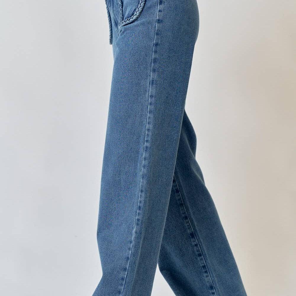 Lalavon - ILP2384 STRAIGHT FRONT TWO POCKET LEG LONG DENIM PANTS.: L / DENIM - alliemdesignsboutique