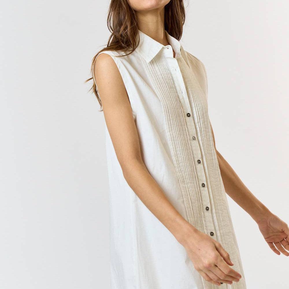 Lalavon - ILD3946 LACE PINTUCK COLLARED BUTTON DOWN SLEEVELESS DRESS: L / OFF WHITE - alliemdesignsboutique