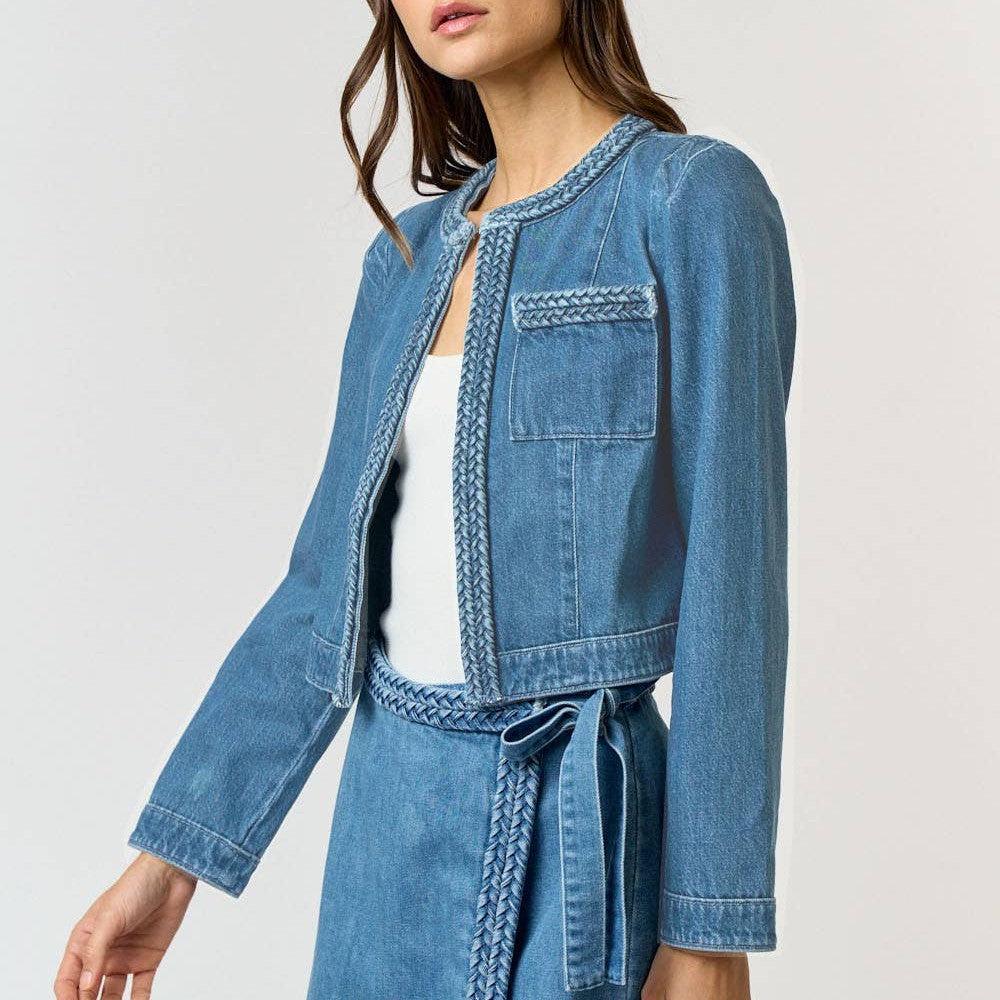 Lalavon - ILT4164 BRAIDED OPEN FRONT DENIM JACKET: DK DENIM / S - alliemdesignsboutique