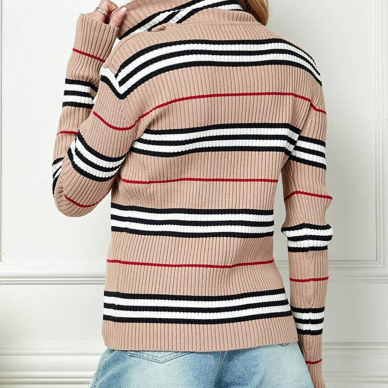 Cezele - Striped Print High Neck Sweater: Large / Khaki - alliemdesignsboutique
