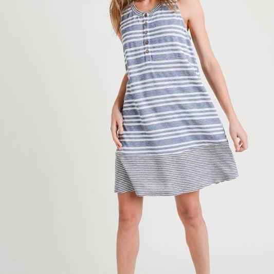 Doe and Rae - Striped Color Block Boxy Dress - 25196D: L / Blue - alliemdesignsboutique