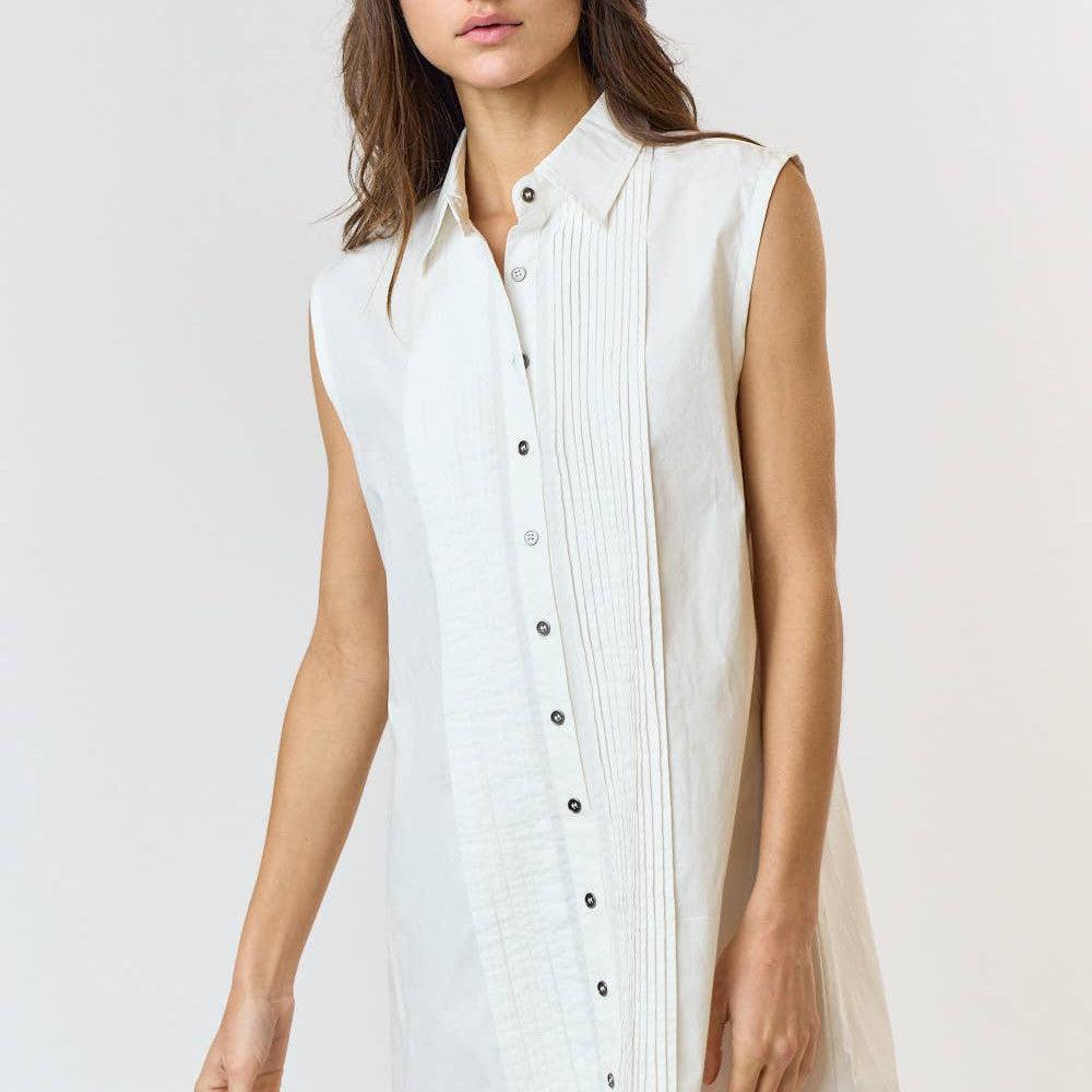 Lalavon - ILD3946 LACE PINTUCK COLLARED BUTTON DOWN SLEEVELESS DRESS: L / OFF WHITE - alliemdesignsboutique