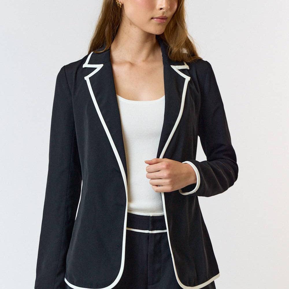 Lalavon - ILT4220 CONTRAST BINDING SINGLE BUTTON BLAZER JACKET: L / BLACK-IVORY / 100% POLYESTER - alliemdesignsboutique