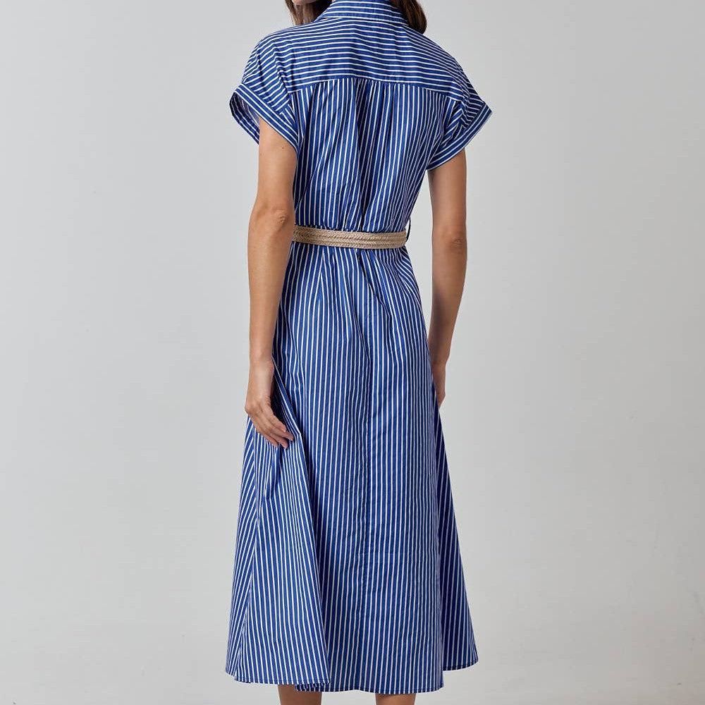 Lalavon - ILD3611 BELTED STRIPE COLLARED BUTTON DOWN SHIRT DRESS: ROYAL BLUE / L - alliemdesignsboutique