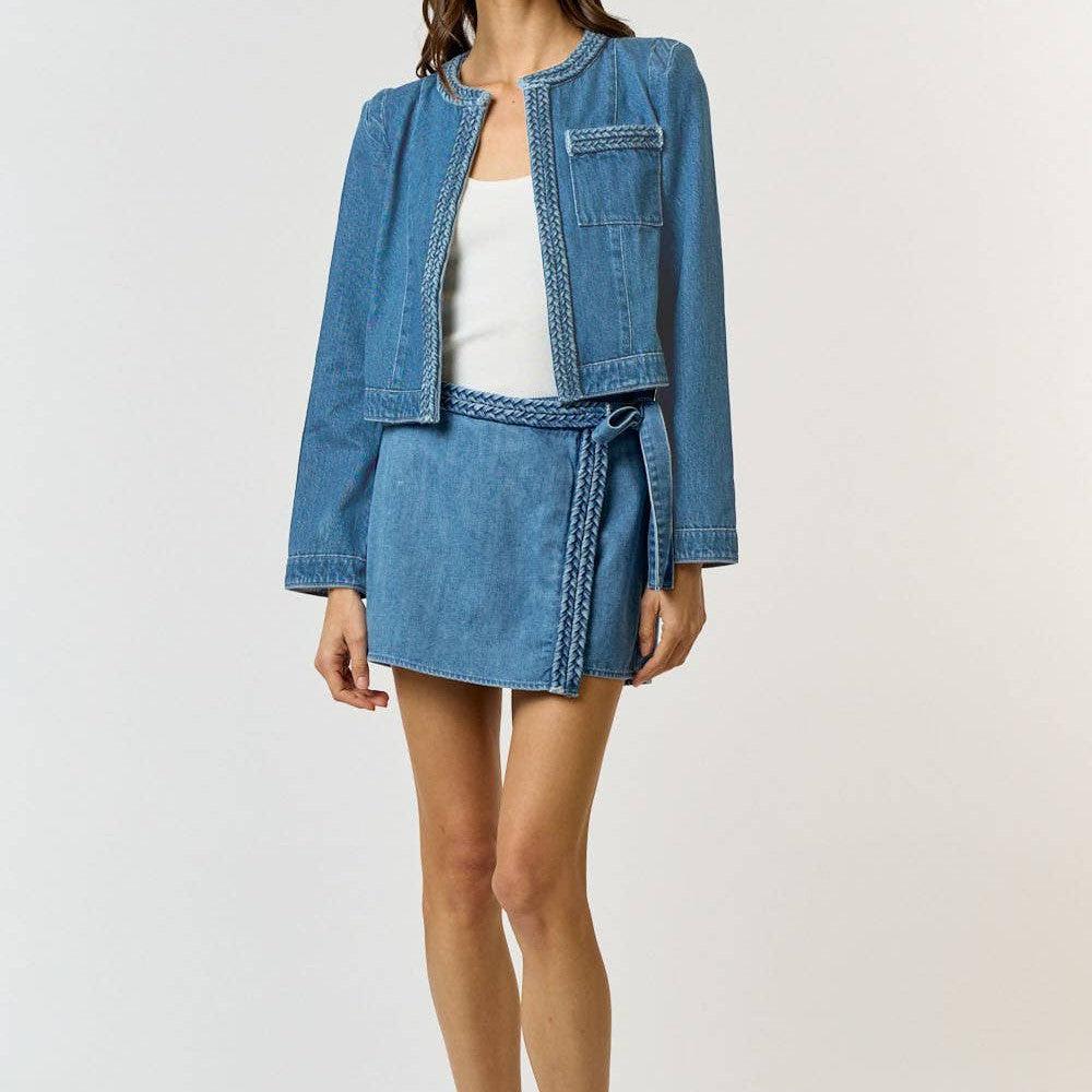 Lalavon - ILT4164 BRAIDED OPEN FRONT DENIM JACKET: DK DENIM / S - alliemdesignsboutique