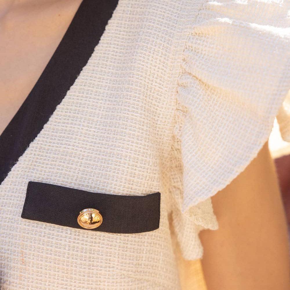 VOY - 34141 Contrast Ribbon Detailed Tweed Mini Dress: Cream / S - alliemdesignsboutique