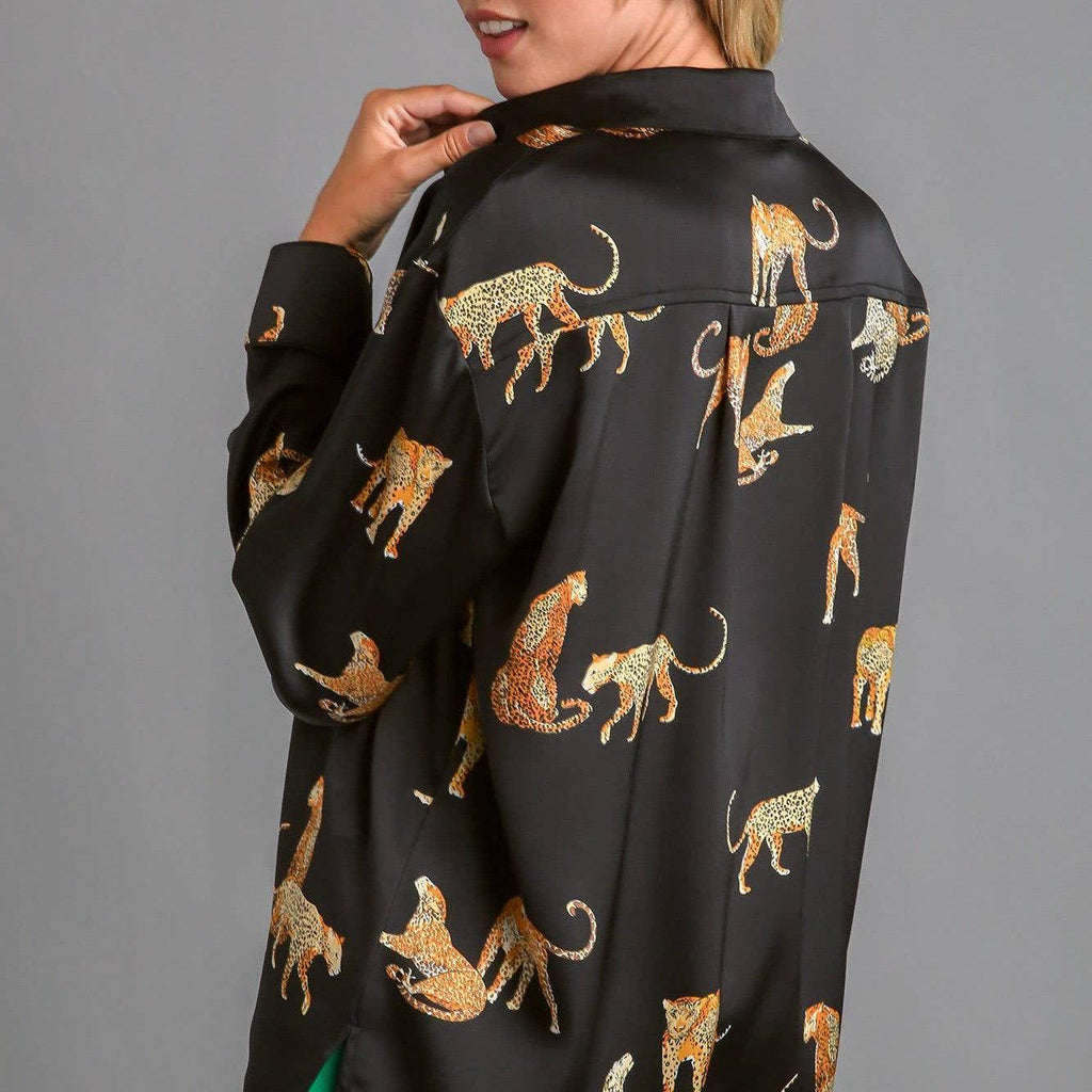 Satin Animal Print with Adjustable Sleeves & Side Slit Top: L / BLACK - alliemdesignsboutique