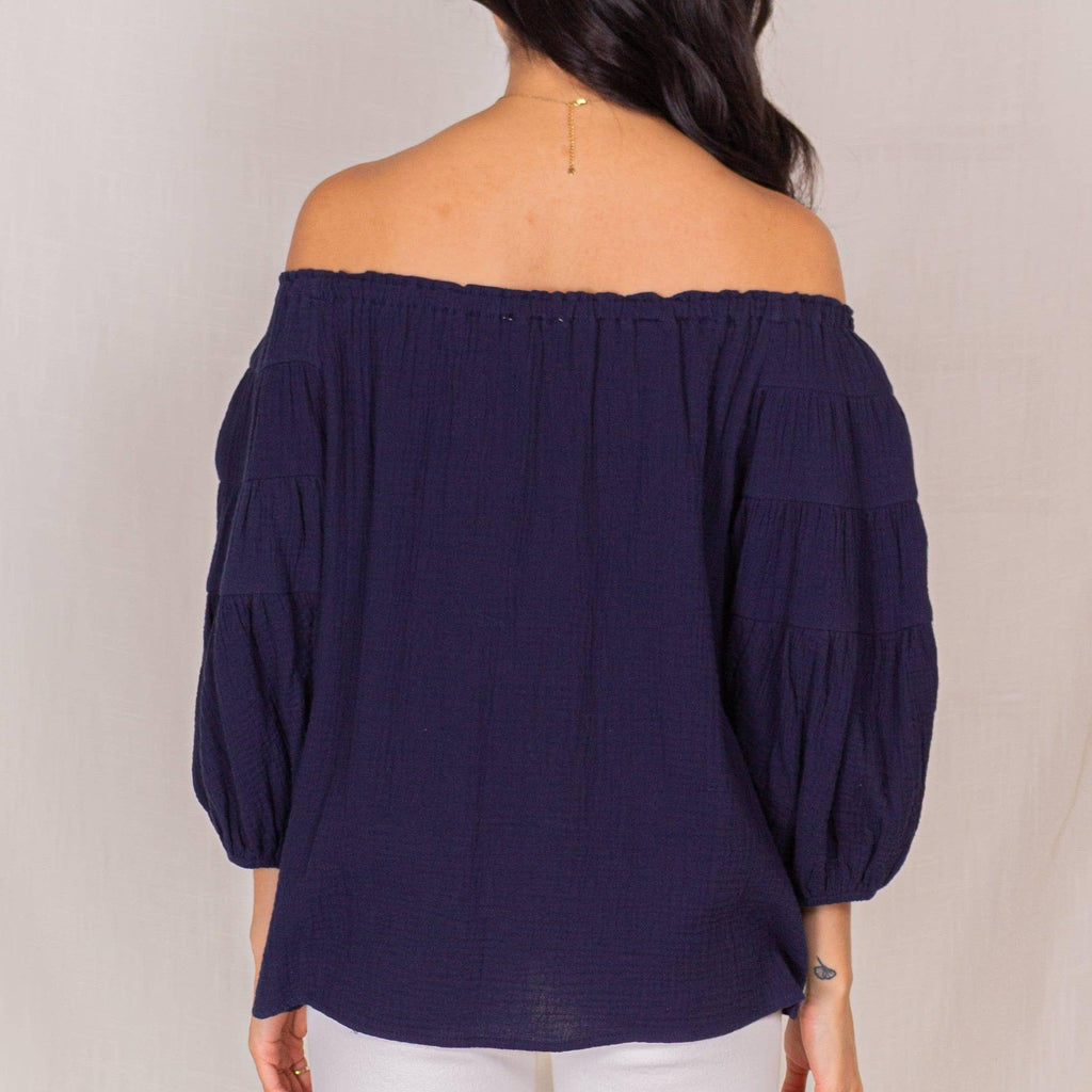 Before You - Gauze Off Shoulder Flounce Sleeve Top: Extra Large / Navy - alliemdesignsboutique