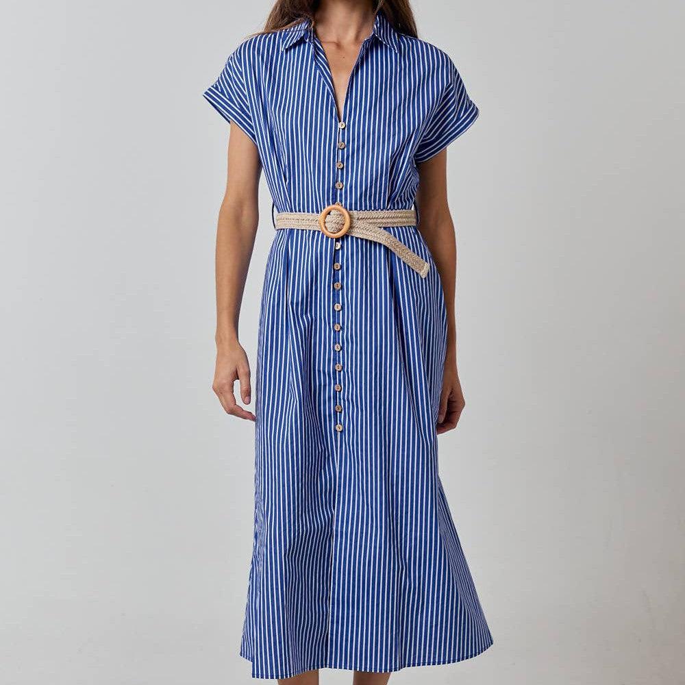 Lalavon - ILD3611 BELTED STRIPE COLLARED BUTTON DOWN SHIRT DRESS: ROYAL BLUE / L - alliemdesignsboutique