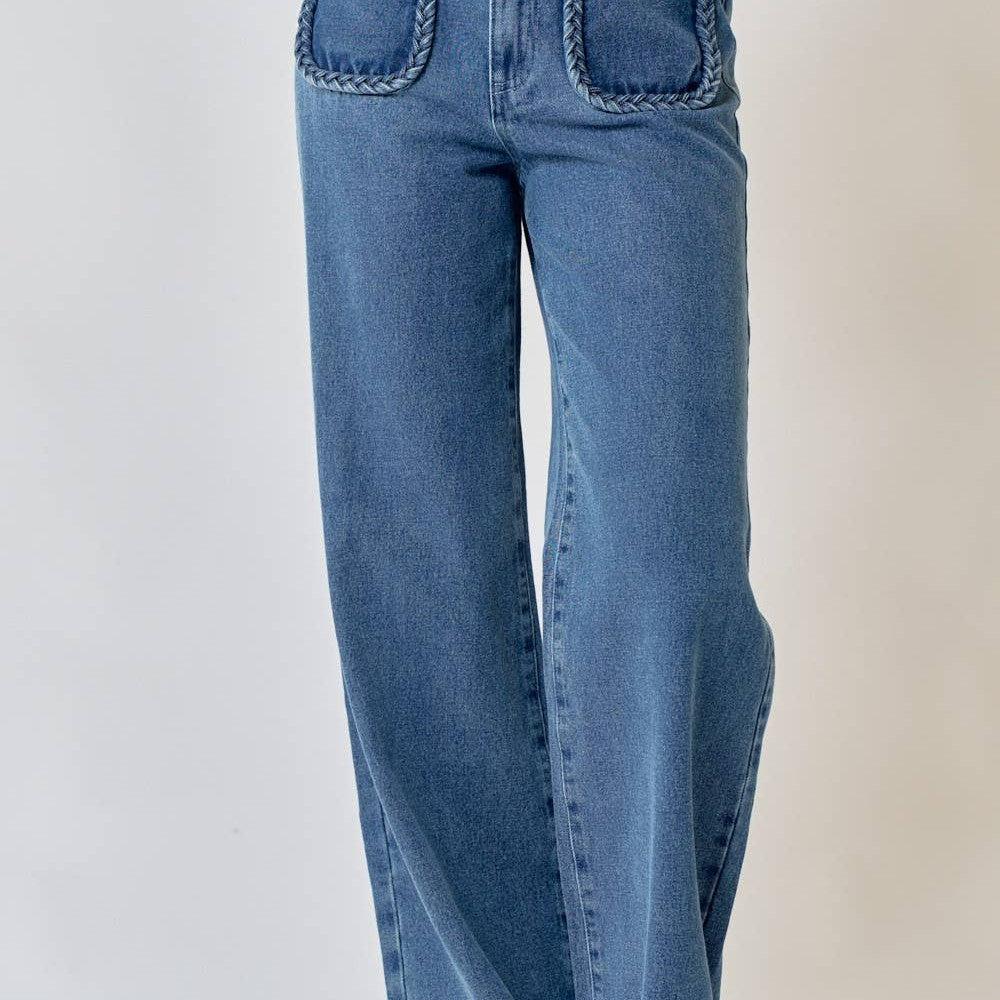 Lalavon - ILP2384 STRAIGHT FRONT TWO POCKET LEG LONG DENIM PANTS.: L / DENIM - alliemdesignsboutique