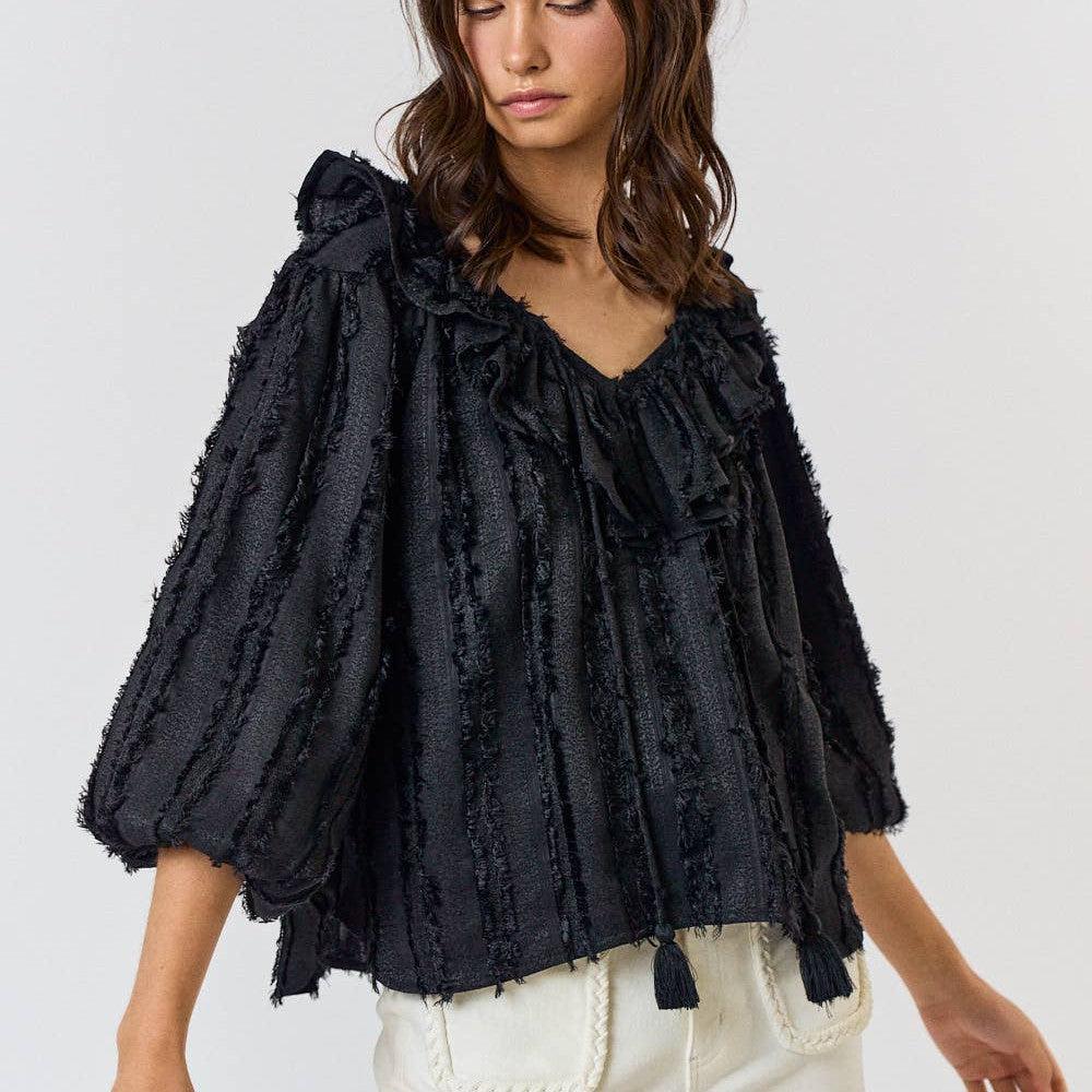 Lalavon - ILT1647-1 TASSEL DRASTRING STRAP TRIMED TOP: BLACK / L - alliemdesignsboutique