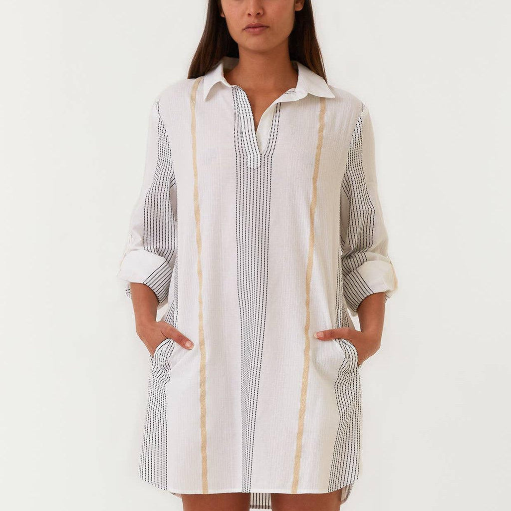 Lovestitch - Yarn Dye Striped Collared Mini Shirt Dress: L / White/Gold - alliemdesignsboutique