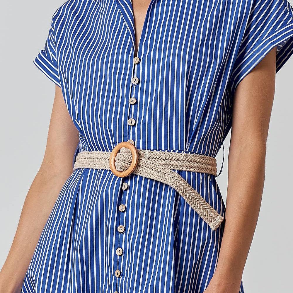 Lalavon - ILD3611 BELTED STRIPE COLLARED BUTTON DOWN SHIRT DRESS: ROYAL BLUE / L - alliemdesignsboutique