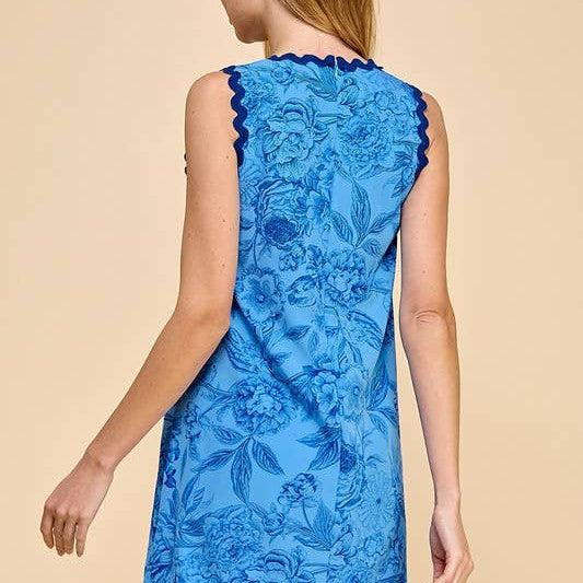 TCEC - CD04609-Floral Printed Scalloped Trim Dress: L / Blue - alliemdesignsboutique