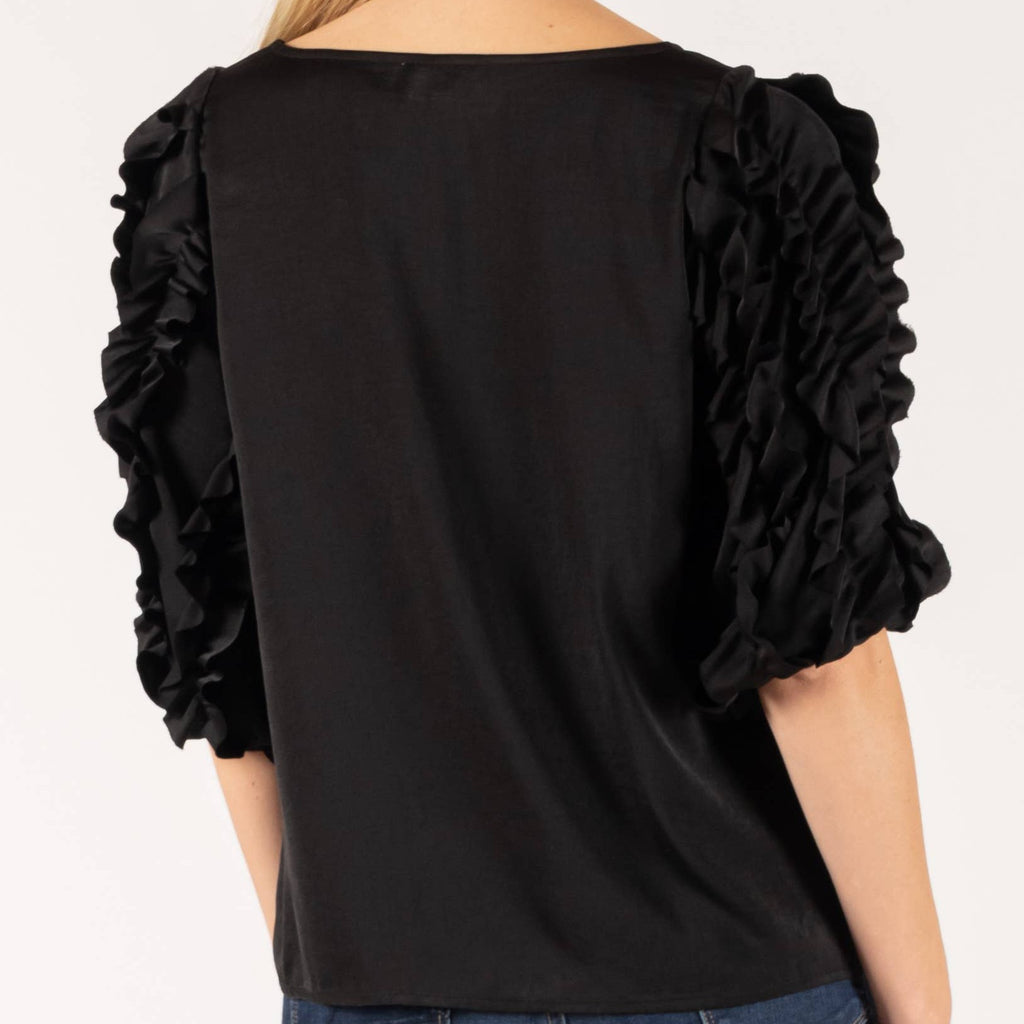 Before You - Silky Satin Ruffled Trim 3/4 Sleeve Top: Extra Small / Black - alliemdesignsboutique