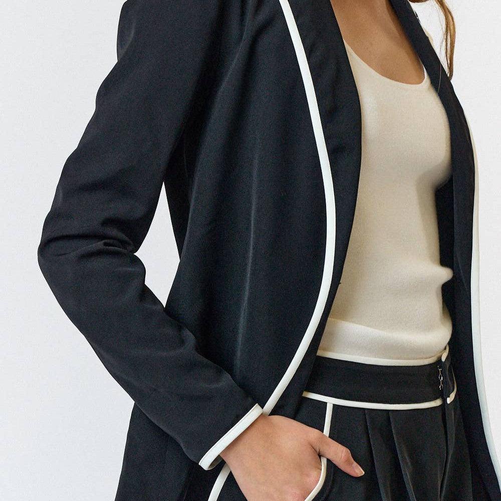 Lalavon - ILT4220 CONTRAST BINDING SINGLE BUTTON BLAZER JACKET: L / BLACK-IVORY / 100% POLYESTER - alliemdesignsboutique