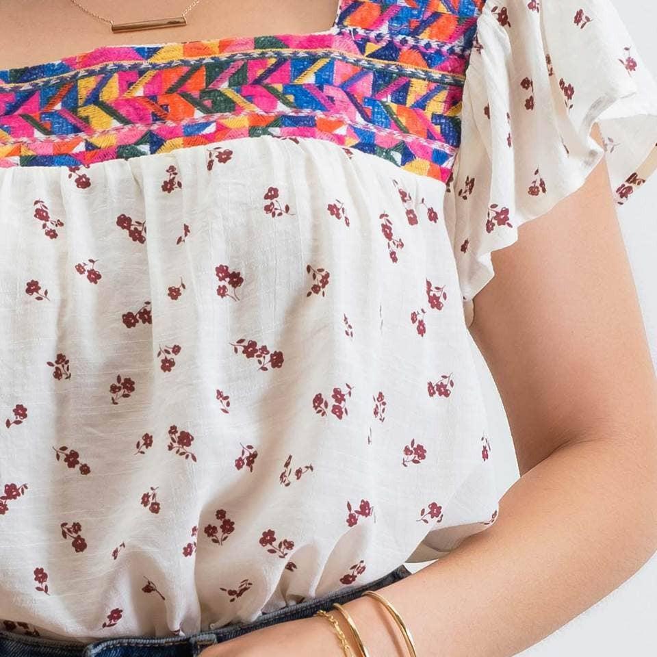 Blu Pepper - GEOMETRIC EMBROIDERED TOP: BURGUNDY MULTI - alliemdesignsboutique