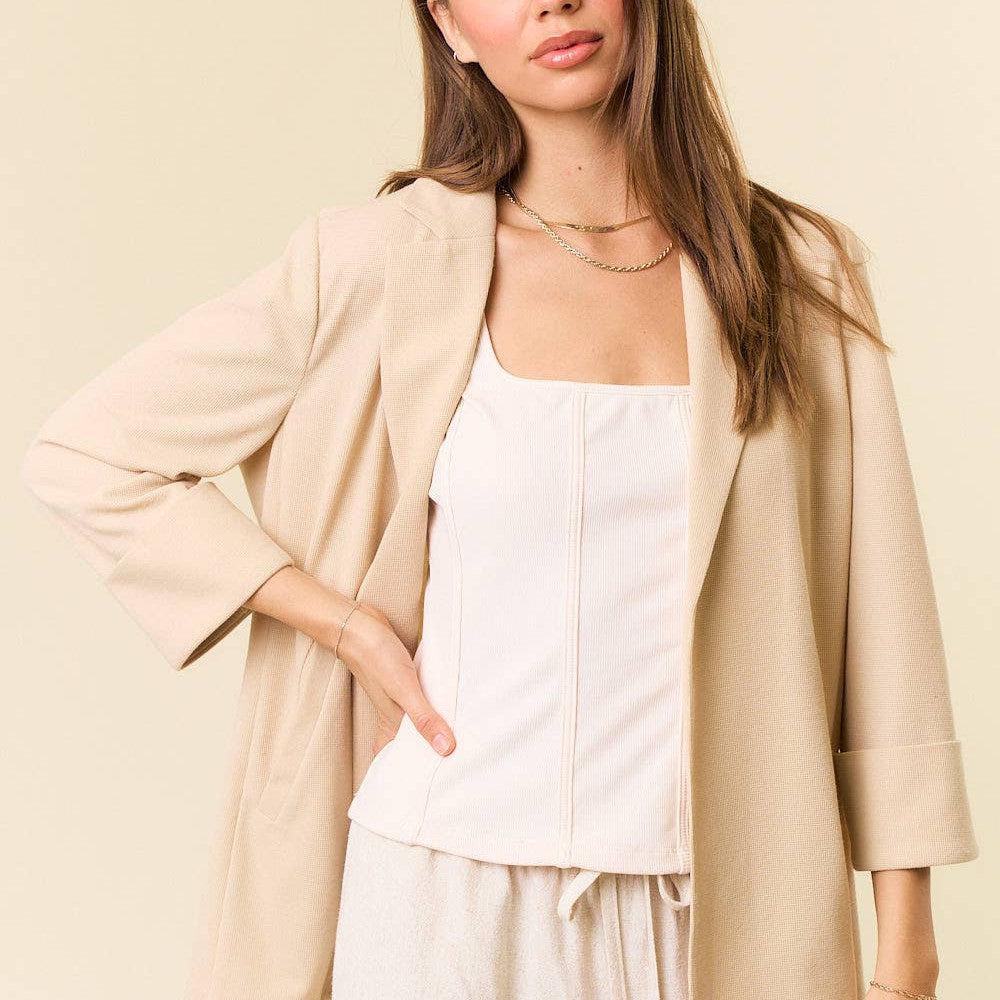 Doe and Rae - Open Front 3/4 Sleeve Thermal Blazer W/Pocket - 10592J: SAND / S - alliemdesignsboutique