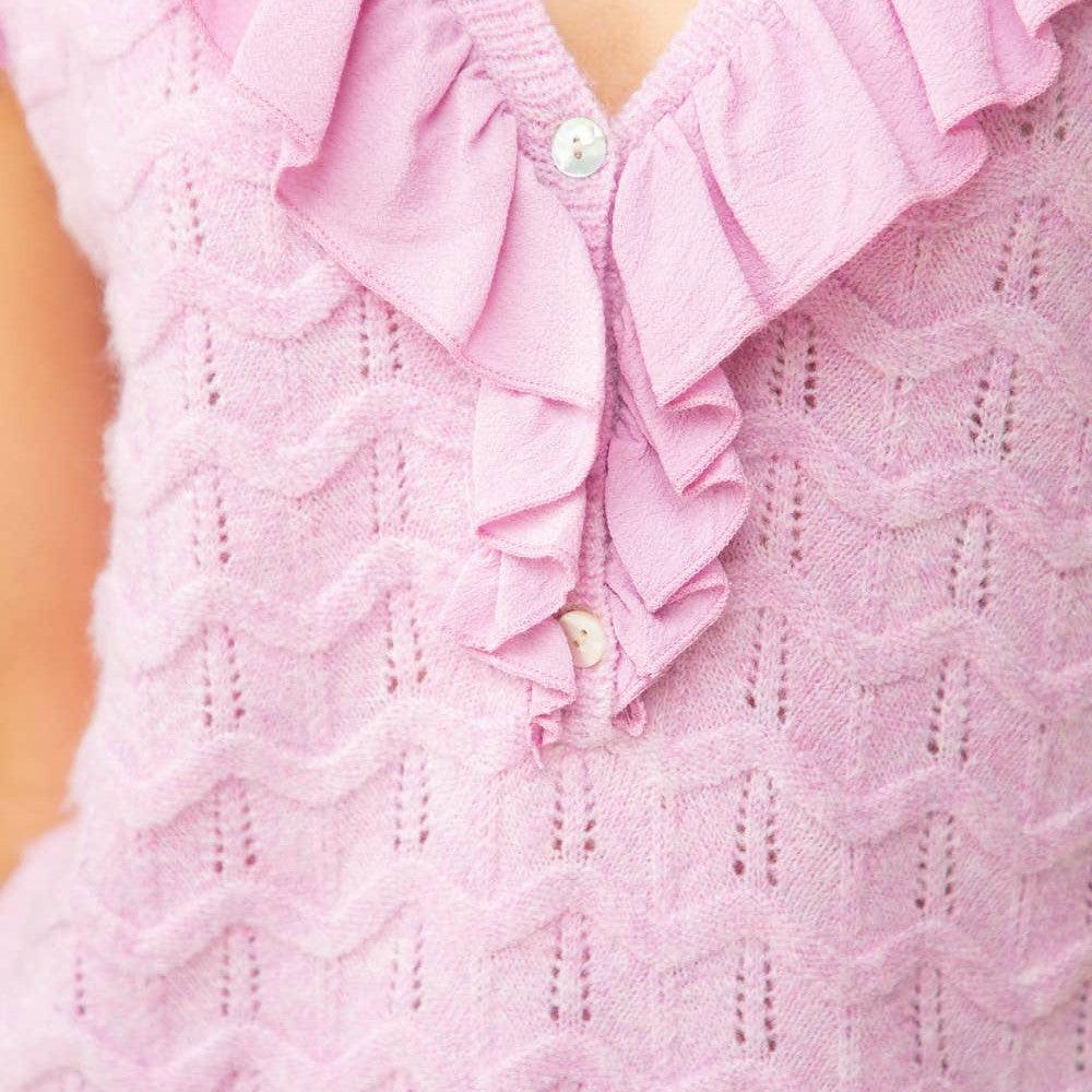 VOY - 32498 V Neck Ruffle Detailed Knit Top: L / Lavender - alliemdesignsboutique