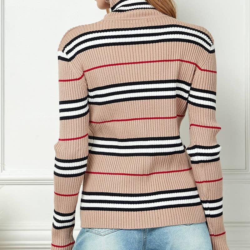 Cezele - Striped Print High Neck Sweater: Large / Khaki - alliemdesignsboutique