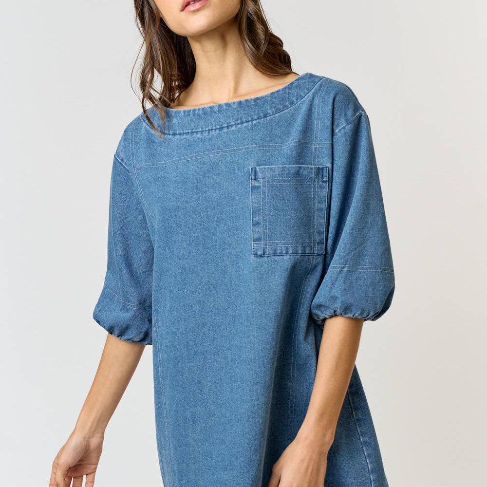 Lalavon - ILD4076 DENIM BOAT NECK HALF PUFF SLEEVE MINI DRESS: MEDIUM WASH / L - alliemdesignsboutique