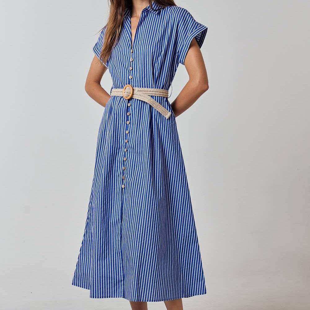 Lalavon - ILD3611 BELTED STRIPE COLLARED BUTTON DOWN SHIRT DRESS: ROYAL BLUE / L - alliemdesignsboutique