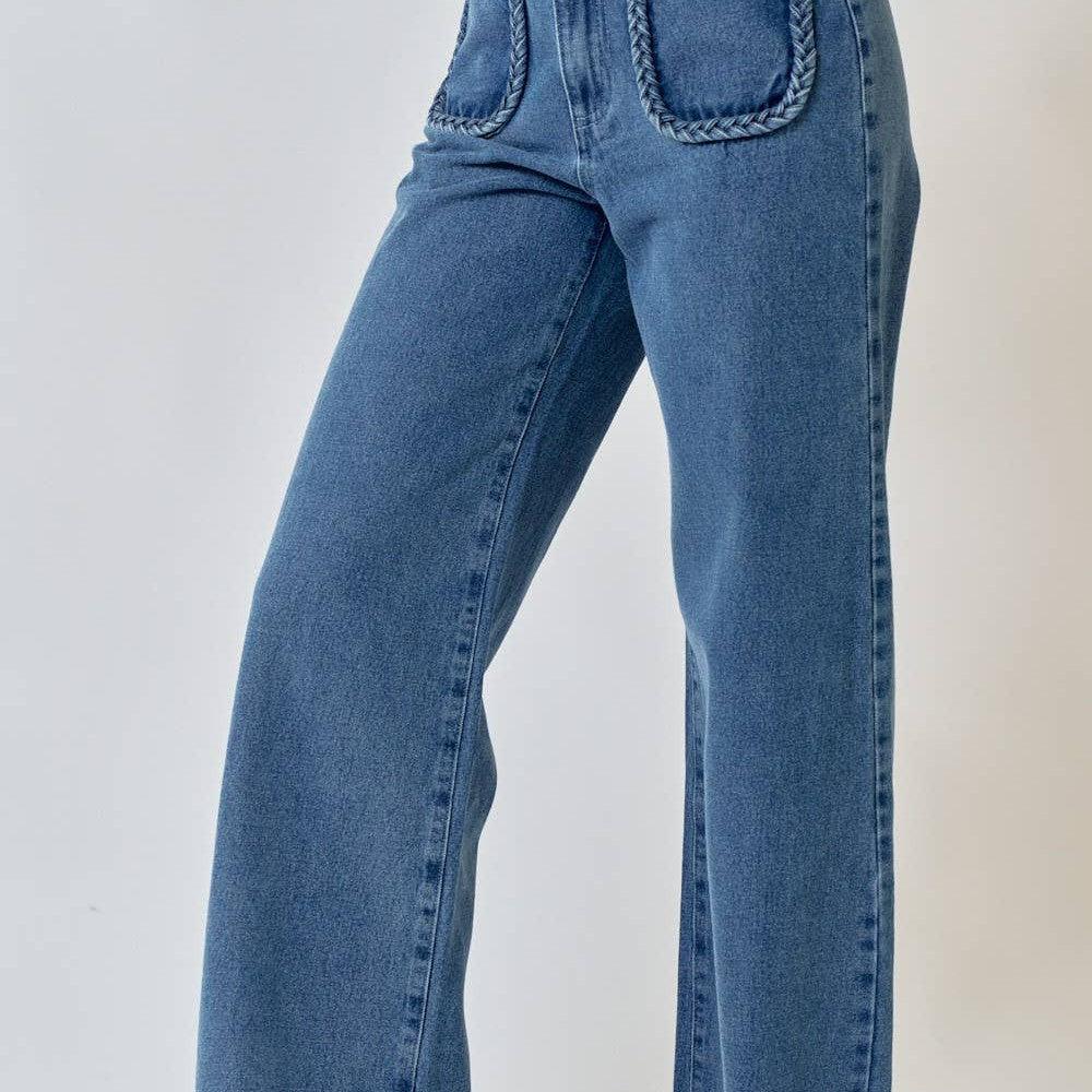 Lalavon - ILP2384 STRAIGHT FRONT TWO POCKET LEG LONG DENIM PANTS.: L / DENIM - alliemdesignsboutique