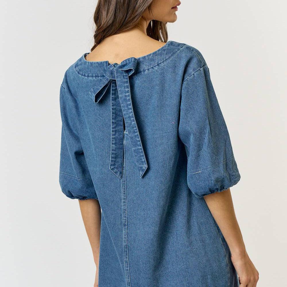 Lalavon - ILD4076 DENIM BOAT NECK HALF PUFF SLEEVE MINI DRESS: MEDIUM WASH / L - alliemdesignsboutique