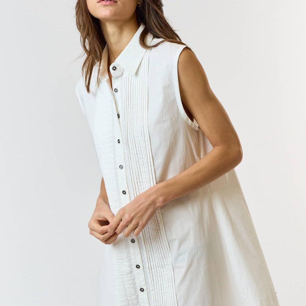 Lalavon - ILD3946 LACE PINTUCK COLLARED BUTTON DOWN SLEEVELESS DRESS: L / OFF WHITE - alliemdesignsboutique