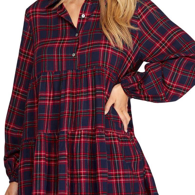 Long Sleeve Plaid Shirt Tunic Top: 2-2-2 (S-M-L) / RED - alliemdesignsboutique