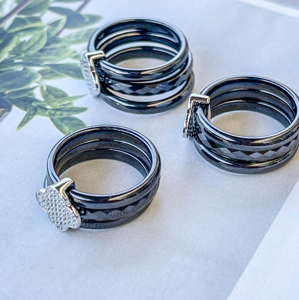 Sterling Silver Clover Black Ceramic Ring - alliemdesignsboutique