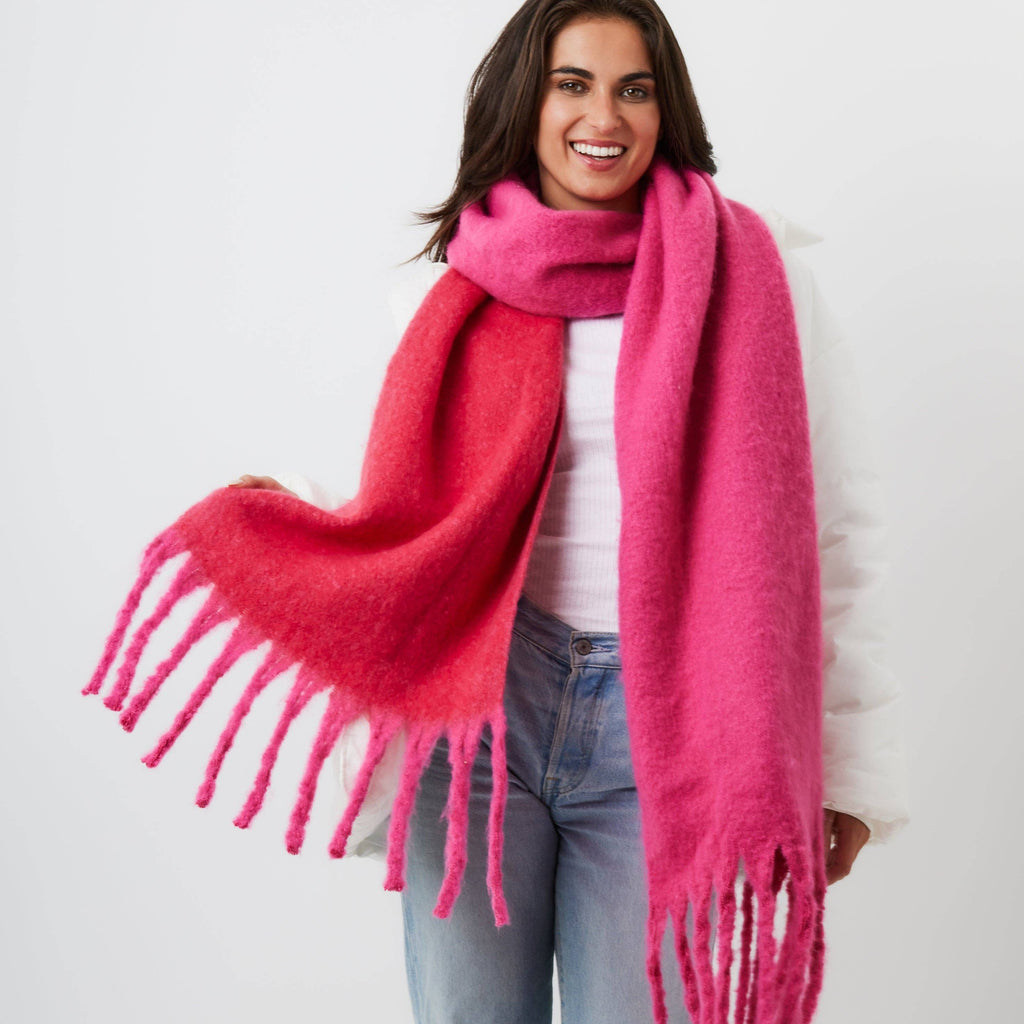 Chunky Soft Scarf with Contrast Fringing in Pink & Red: Pink-red - alliemdesignsboutique