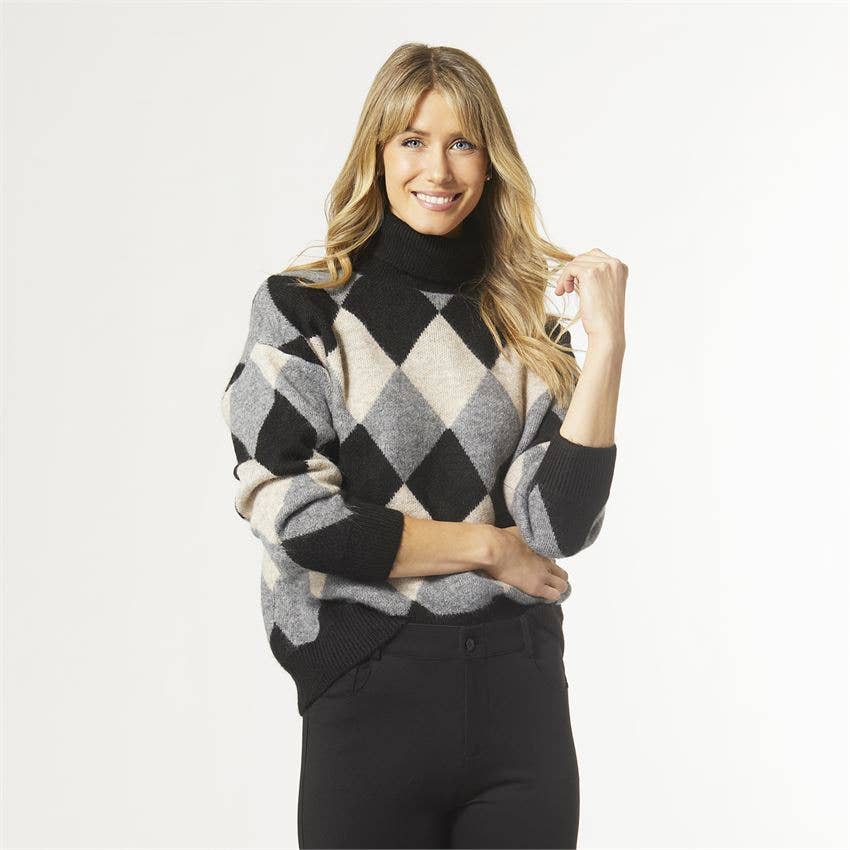 COCO + CARMEN - Emila Diamond Turtleneck Sweater: L/XL / Black/Grey/Taupe - alliemdesignsboutique