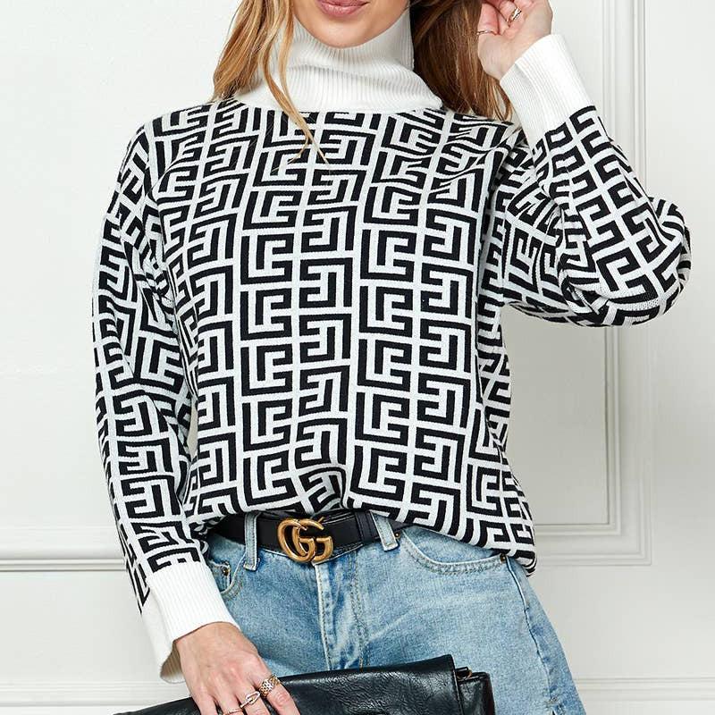 Cezele - Geo Print High Neck Sweater: L / Beige/Black - alliemdesignsboutique