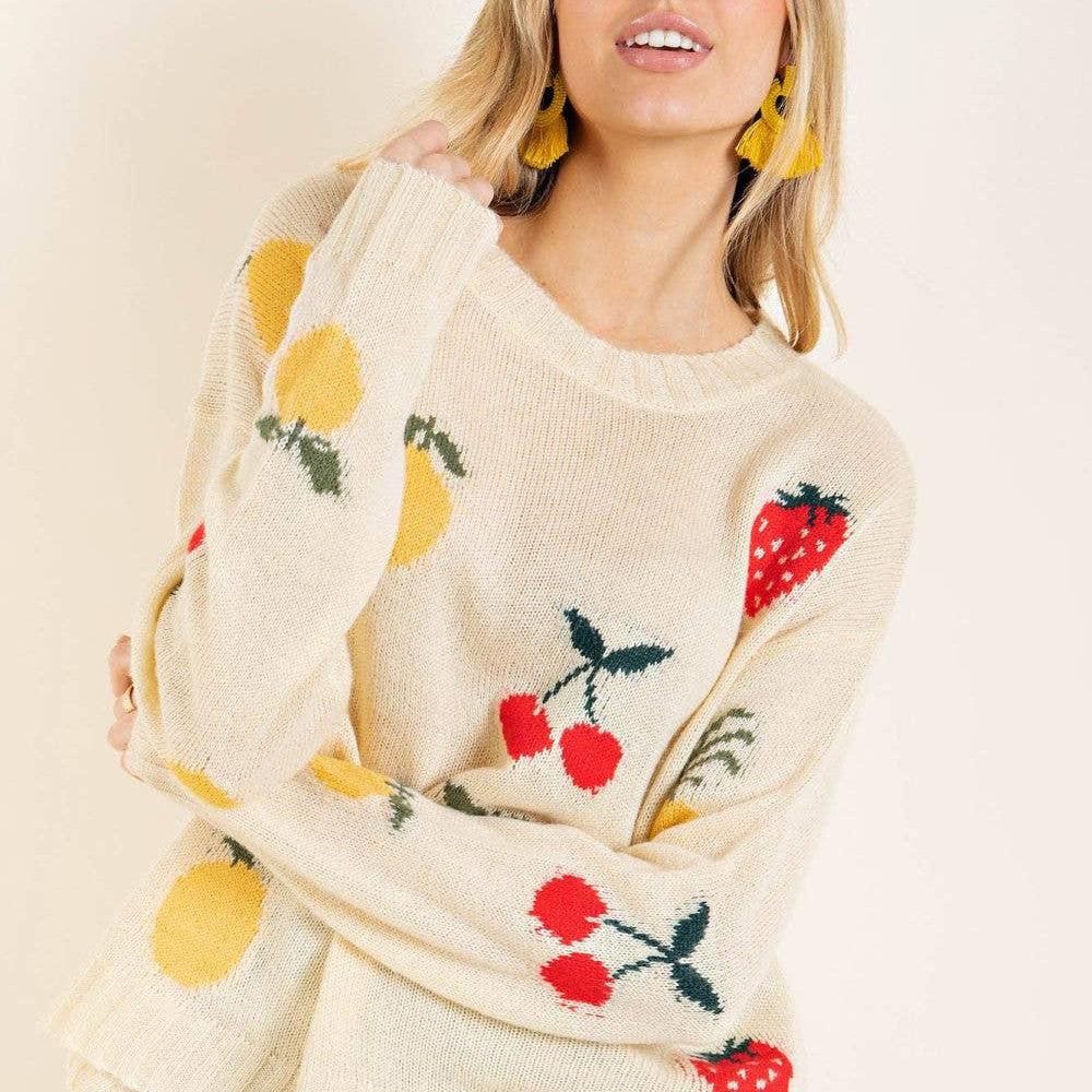 Olive & Leaf - Crew Neck Fruit Jacquard Sweater Top: L / IVORY - alliemdesignsboutique