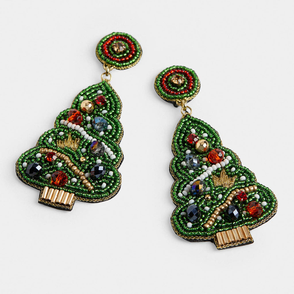 COCO + CARMEN - Christmas Tree Beaded Earrings - Christmas: Green - alliemdesignsboutique